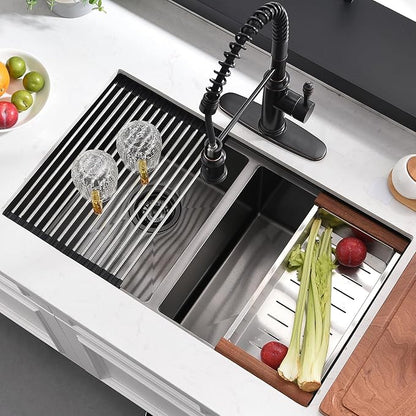 30 Inch Black Undermount Kitchen Sink Double Bowl - 30x18 Undermount Workstation Sink 16 Gauge Black Stainless Steel 10 Inch Deep Double Bowl Kitchen Sinks