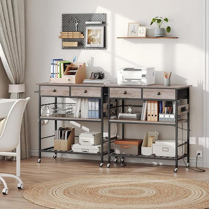 HOOBRO Kitchen Island with Storage, Rolling Island Cart for Kitchen with 2 Drawers & Outlet, 3 Tier Coffee Station and Microwave Stand, Kitchen Island Table for Home, Greige BG08UZD01