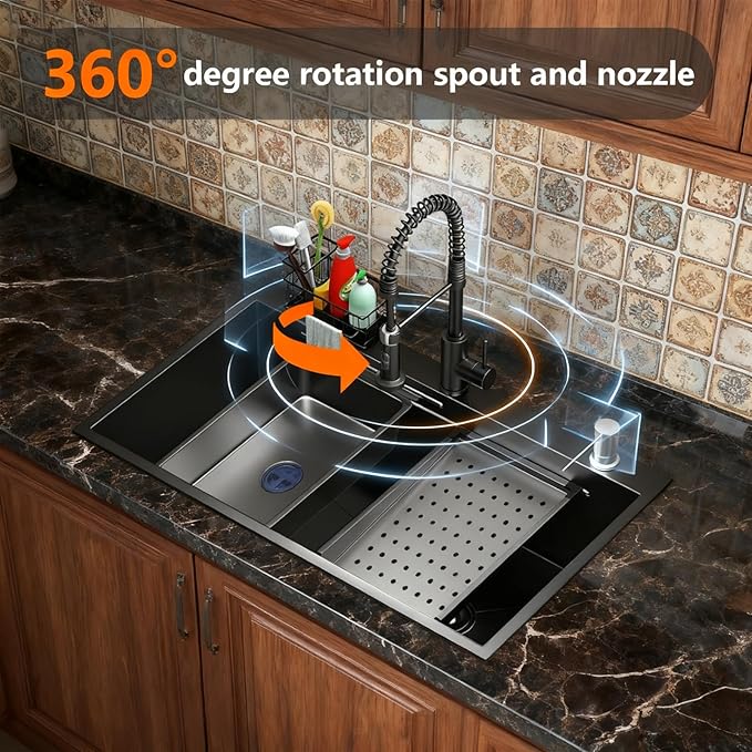 28 Inch Black Drop-In Stainless Steel Kitchen Sink: Single Bowl Deep Scratch Resistant 16 Gauge Workstation with Faucet & Accessories Combo for Family Kitchen