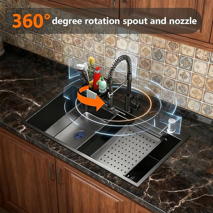 28 Inch Black Drop-In Stainless Steel Kitchen Sink: Single Bowl Deep Scratch Resistant 16 Gauge Workstation with Faucet & Accessories Combo for Family Kitchen