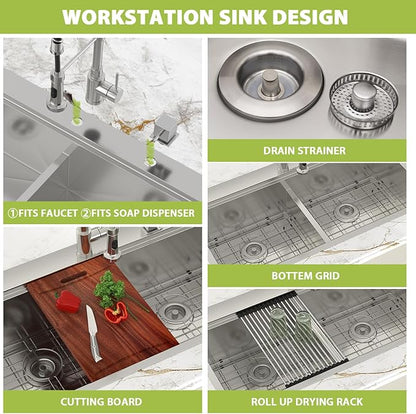 39-inch Drop In Kitchen Sink - Double Bowl 50/50 Multifunctional Workstation Large Kitchen Sink, 304 Stainless Steel 16 Gauge Above Counter Sinks for Kitchen with Mixing Bowl, 39''x22''x10''