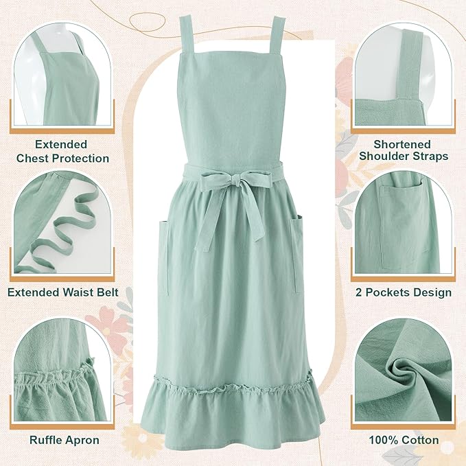 100% Cotton Aprons with Pockets Pinafore Dress for Women Vintage Cute Aprons for Kitchen Baking Gardening Painting