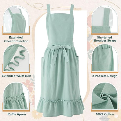 100% Cotton Aprons with Pockets Pinafore Dress for Women Vintage Cute Aprons for Kitchen Baking Gardening Painting
