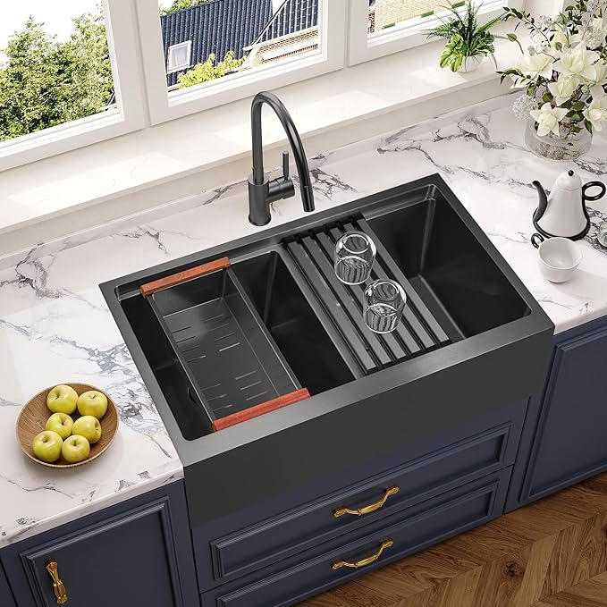 MILOSEN 30 Inch Black Farmhouse Kitchen Sink, 30''x22'' Drop in Black Stainless Steel Workstation Apron Front Sink with Ledge & Accessories, Double Bowl Farm Sinks, 10'' Large and Deep Handmade Sinks