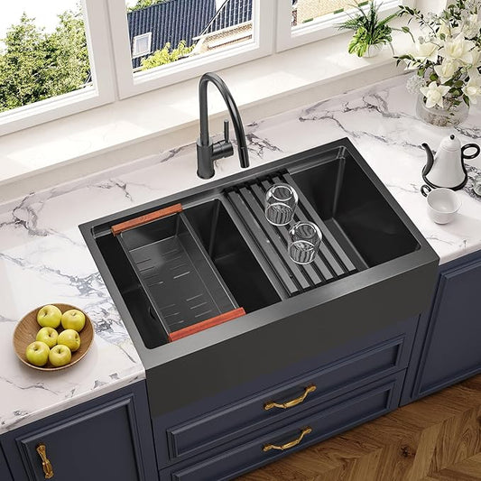 MILOSEN 28 Inch Black Farmhouse Kitchen Sink, 28''x22'' Drop in Black Stainless Steel Workstation Apron Front Sink with Ledge & Accessories, Double Bowl Farm Sinks, 10'' Large and Deep Handmade Sinks