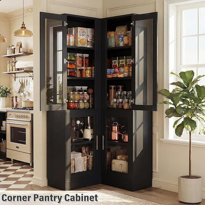 Armocity Corner Bookcase with Doors, 70" Tall Corner Bookshelf Cabinet with LED Lights, 6-Tier Corner Book Shelf for Home Office, Living Room, Black