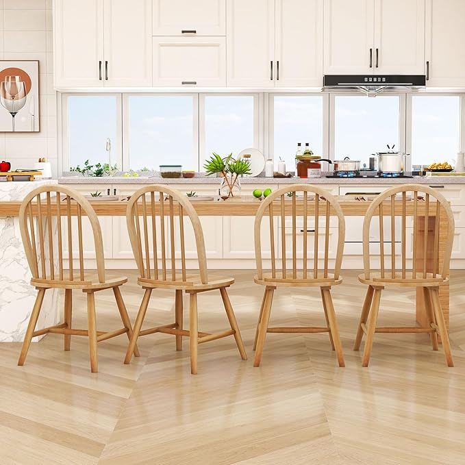 Safeplus 18" Oak Dining Chairs Set of 6, Wood Windsor Chair with Spindle Back for Country Farmhouse Kitchen Island