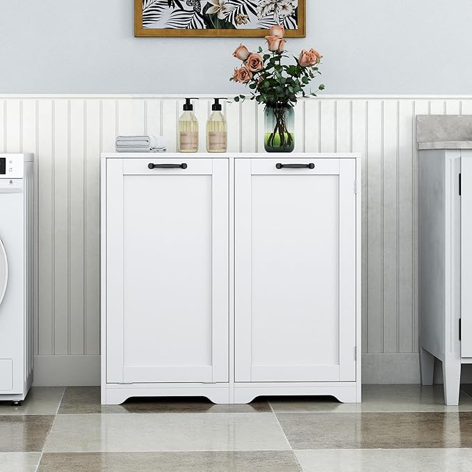 KEIKI Laundry Cabinet with Doors and shelf, Tilt-Out Laundry Hamper, Freestanding Style, Adjustable Shelf, Accent Table for Bathrooms Laundry Room Kitchen, White, (Style D)