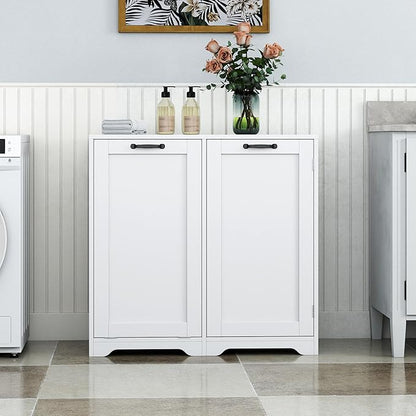 KEIKI Laundry Cabinet with Doors and shelf, Tilt-Out Laundry Hamper, Freestanding Style, Adjustable Shelf, Accent Table for Bathrooms Laundry Room Kitchen, White, (Style D)