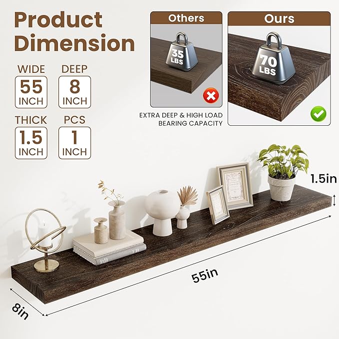 Acovy Extra Deep 55" Long Rustic Solid Wood Floating Shelves for Wall, Wall Shelves with Invisible Bracket for Living Room Bathroom Bedroom Kitchen, Set of 1, Walnut