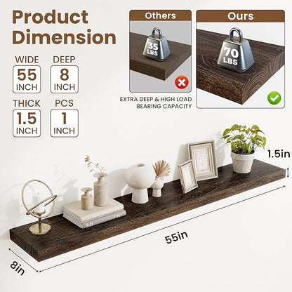 Acovy Extra Deep 55" Long Rustic Solid Wood Floating Shelves for Wall, Wall Shelves with Invisible Bracket for Living Room Bathroom Bedroom Kitchen, Set of 1, Walnut