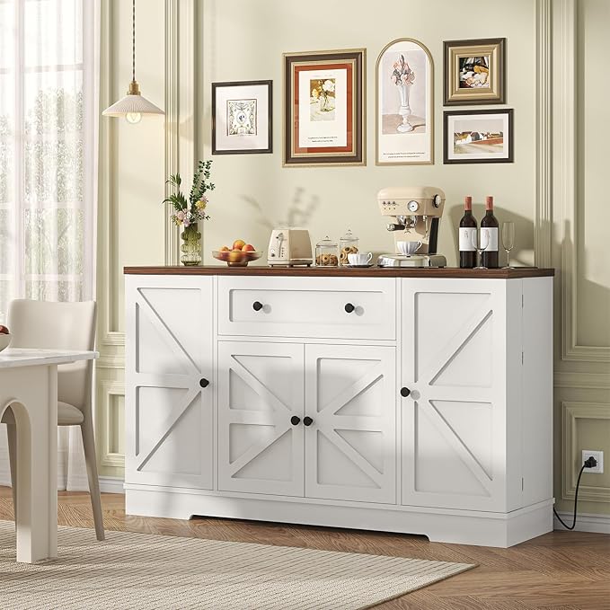 Bigbiglife Sideboard Buffet Cabinet, Modern Kitchen Coffee Bar Cabinet with Drawers & Charging Station, Storage Cabinet with Barn Doors, Wine Rack and Hooks, Wood Sideboard Buffet for Kitchen, White