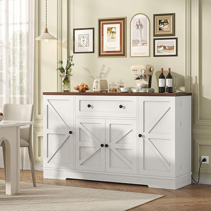 Bigbiglife Sideboard Buffet Cabinet, Modern Kitchen Coffee Bar Cabinet with Drawers & Charging Station, Storage Cabinet with Barn Doors, Wine Rack and Hooks, Wood Sideboard Buffet for Kitchen, White