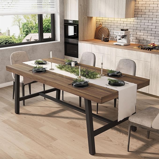 GarveeHome 70.87 Inch Long Kitchen Table for 6-8 People, Industrial Rectangular Dining Table for Dining Room, Heavy Duty Metal Frame, Retro Brown