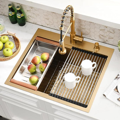 25x22 Gold Drop In Kitchen Sink with Faucet - 25 Inch Stainless Steel Drop In Sink and Faucet Combo, Gold Single Bowl Kitchen Sink Workstation with Accessories