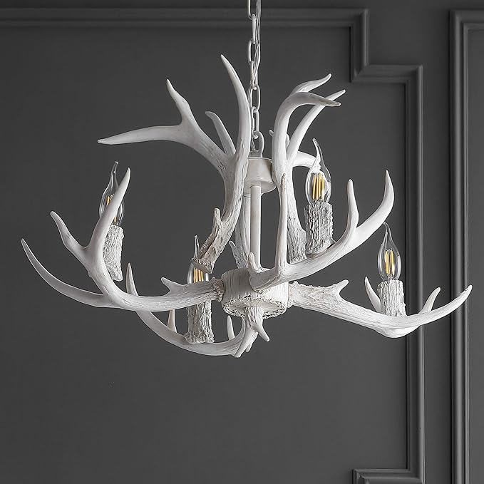 JONATHAN Y 26" White Rustic Resin Antler 4-Light LED Chandelier, Farmhouse Faux Deer Horn Hanging Ceiling Light for Dining Room, Kitchen Island, Adjustable Light Fixture (JYL6301B)