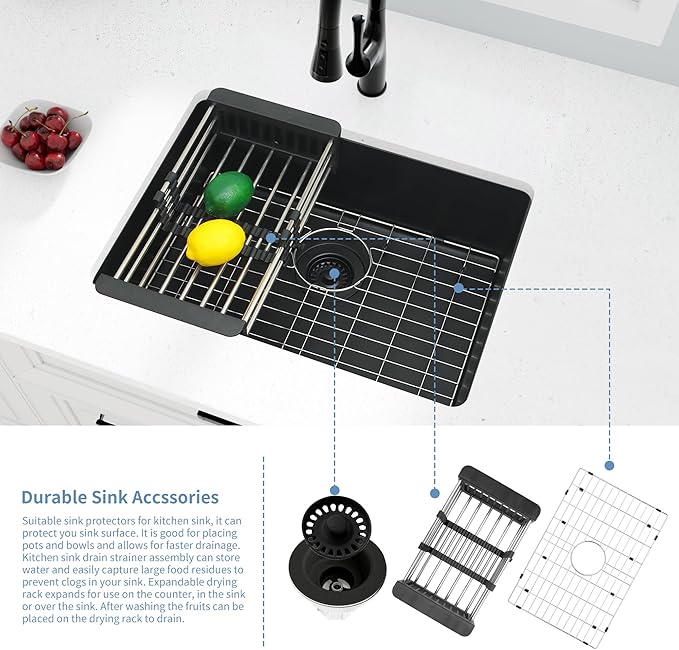 Black Kithcen Sink, 23 Inch Undermount Kitchens Sinks, 23"x 18"x 8" Small Matte Black Bar Sinks, 23 x18 Granite Composite Quartz stone Kitchen Sink With Accessories