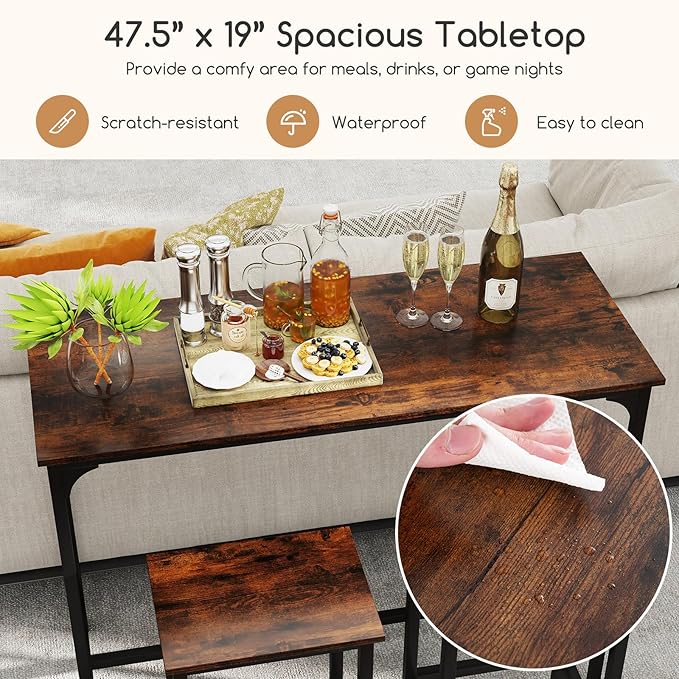 COSTWAY 3-Piece Dining Table Set, 47.5" Industrial Counter-Height Kitchen Table and 2 Bar Stools, High Top Rectangular Pub Table and Chairs for Dining Room Small Place Breakfast Nook Bistro (Coffee)