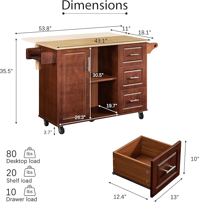 Modern Dining Table Expandable Kitchen Island with Drop Countertop Cabinet Tower Rack Rolling Cart Wheels Wood Console,Brown