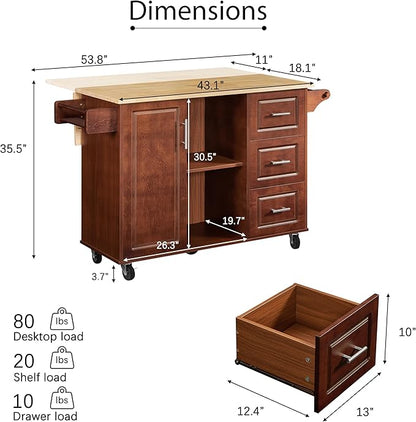 Modern Dining Table Expandable Kitchen Island with Drop Countertop Cabinet Tower Rack Rolling Cart Wheels Wood Console,Brown