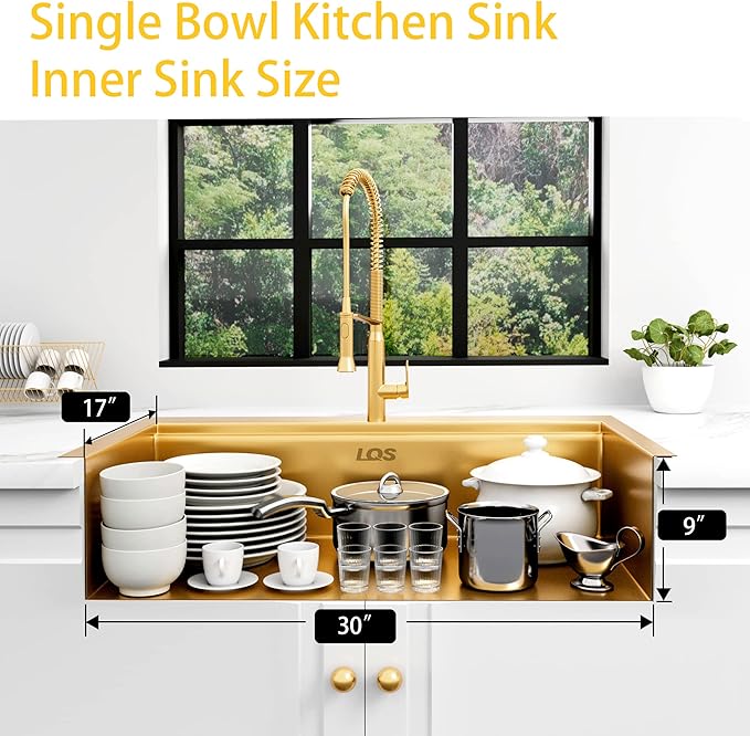 LQS Gold Kitchen Sink 33x22, Gold Drop In Kitchen Sink with 3 Holes, 33 Inch Large Top Mount Stainless Steel Handmade Sturdy 16 Gauge T304 with Abundant Accessories, R10 Round Corner