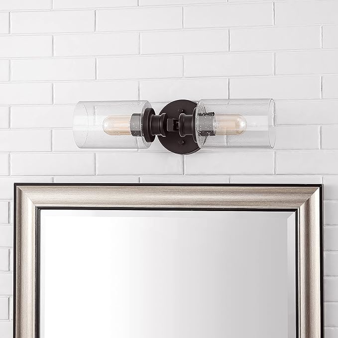JONATHAN Y 16.5" Oil Rubbed Bronze 2-Light LED Wall Sconce, Modern Farmhouse Vanity Light with Seeded Glass Shade, Industrial Iron Fixture for Bathroom Mirror, LED Bulbs Included (JYL7577B)