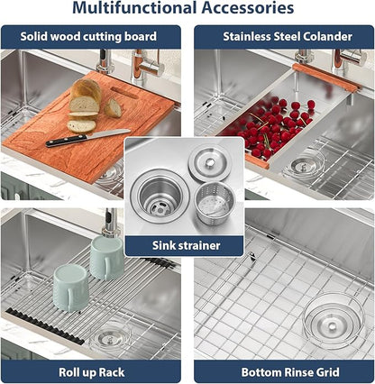 Lordear 33 Drop In Kitchen Sinks Worktation - 33x19 Drop Kitchen Sink 16 Gauge 304 Stainless Steel Single Bowl Over Counter Handmade Sink Basin With Built-in Accessories