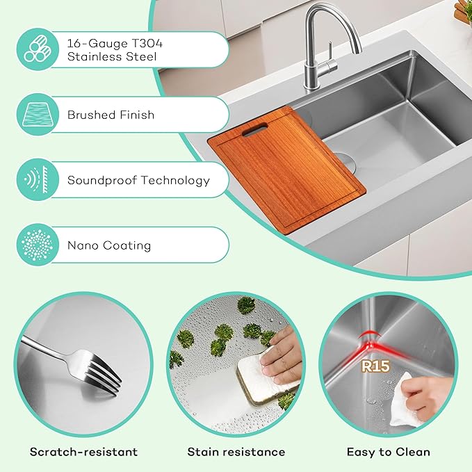 Rhbamoa 28 Inch Stainless Steel Farmhouse Sink,16-Gauge T304 Stainless Steel Small Farmhouse Sinks,10 Inch Deep Single Bowl Apron Front Farm Sink with All Accessories