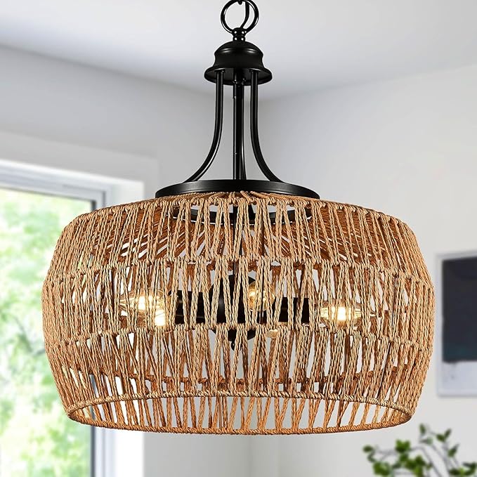 18“ Large Rattan Light Fixture, Rattan Chandeliers for Dining Room, 5-Light Boho Fixture with Twine Making Lampshade, Adjustable Height, Chandelier for Kitchen, Bedroom(Brown)