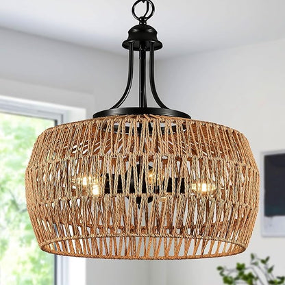 18“ Large Rattan Light Fixture, Rattan Chandeliers for Dining Room, 5-Light Boho Fixture with Twine Making Lampshade, Adjustable Height, Chandelier for Kitchen, Bedroom(Brown)
