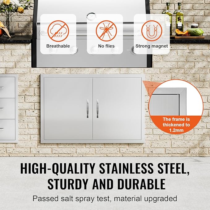 VEVOR BBQ Double Door, 35W x 24H Inch Stainless Steel Flush Mount Vertical Door with Handles, for Grilling Station
