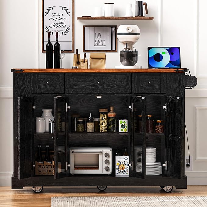 GOWE K&K 53'' Farmhouse Kitchen Island with Two Tempered Glass Cabinet Doors, Power Outlet, Rolling Kitchen Cart on Wheels with Drop Leaf, 5 Open Side Racks, 3 Drawers, for Kitchen, Dining Room, Black