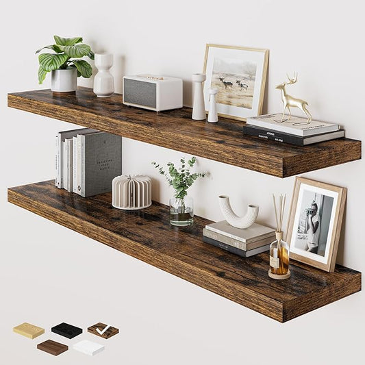 RICHFOCUS Deep Floating Shelves for Wall 2 Pack 12" D 55 Inch Wall Shelves for Room Wall|Wood Hanging Shelf with Invisible Brackets for Bathroom Bedroom Kitchen Laundry Room, Rustic Brown