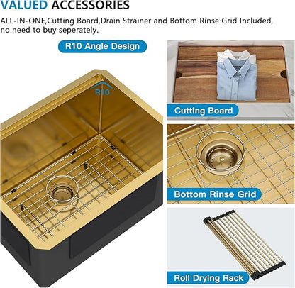 24"x18" Undermount Laundry Utility Sink Workstation – Brushed Gold NANO-PVD, 16 Gauge 304 Stainless Steel, 12 Inch Deep Single Bowl Basin for Laundry Room, RV or Utility Use