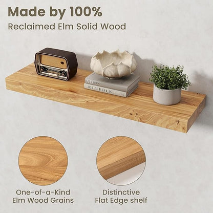 Fun Memories Solid Elm Wood Floating Shelves Set of 2-30 Inch Rustic Wall Shelves with Heavy-Duty Invisible Brackets - for Living Room, Kitchen, Bedroom, Bathroom - Natural Finish