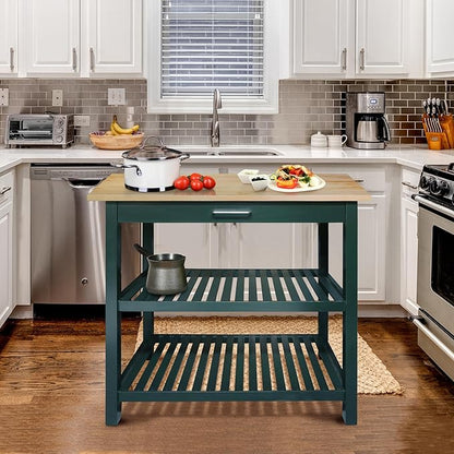 Kitchen Island with Solid Wood Top, Natural/Hunter Green