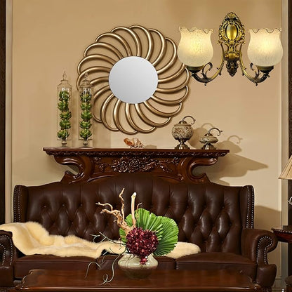 Retro Wall Sconce, 2-Light Vintage Wall Lights with Flora Glass Shade, Antiqued Vanity Wall Light Fixtures for Bedroom Living Room Bathroom Hallway Corridor Kitchen （Brass）