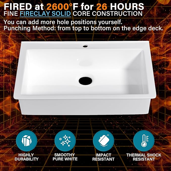 36x22 Drop In Kitchen Sink White 1 Hole, 36 Inch Topmount Fireclay Sink Drop In Single Bowl, Heavy Duty Large Capacity Deep Basin, with 2 Accessories, Pure White, for Kitchen