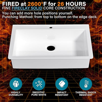 36x22 Drop In Kitchen Sink White 1 Hole, 36 Inch Topmount Fireclay Sink Drop In Single Bowl, Heavy Duty Large Capacity Deep Basin, with 2 Accessories, Pure White, for Kitchen