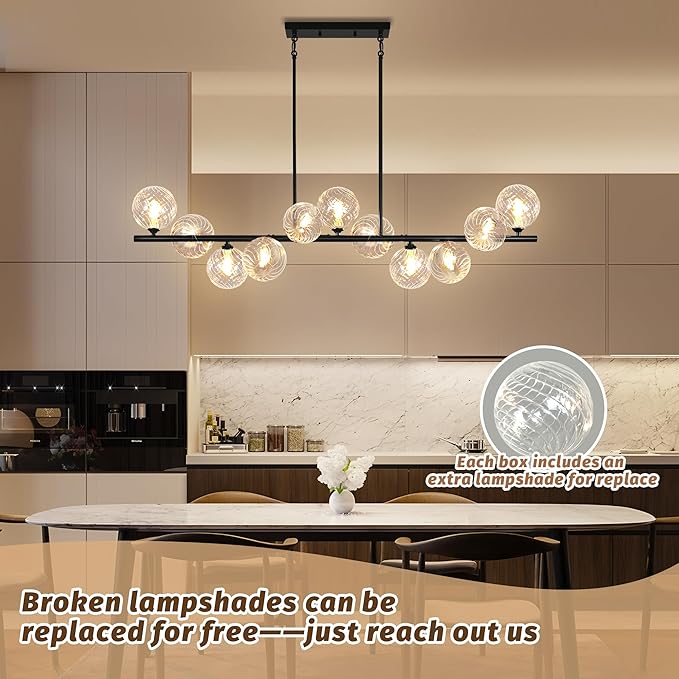 Linear Chandeliers for Dining Room, 51" Dining Room Light Fixture with Clear Swirled Glass Globe 11 Lights Black Sputnik Chandelier Bubble Large Chandelier Modern Farmhouse Island Light