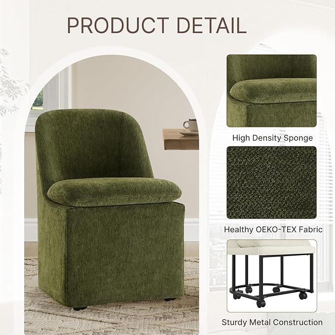 KISLOT Upholstered Dining Chairs Set of 2 with Casters, Modern Side Armless Deskchair with Washable Slipcover & Sturdy Metal Frame for Diningroom Bedroom Livingroom Reading Room, Green Fabric