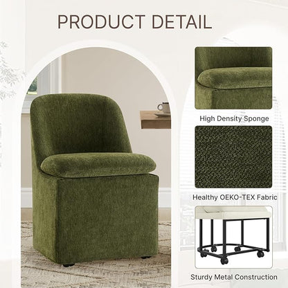 KISLOT Upholstered Dining Chairs Set of 2 with Casters, Modern Side Armless Deskchair with Washable Slipcover & Sturdy Metal Frame for Diningroom Bedroom Livingroom Reading Room, Green Fabric