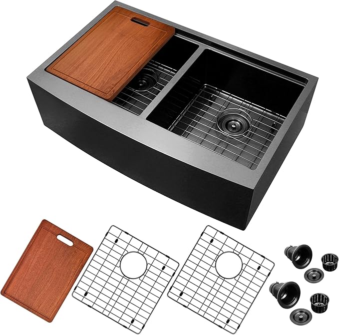 33 Inch Black Farmhouse Sink Undermount Double Bowl, 16 Gauge 50/50 Stainless Steel Apron Front Workstation Far Sink, 33"x20"x10" Large and Deep Kitchen Sink With Accessories