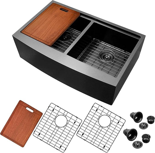 33 Inch Black Farmhouse Sink Undermount Double Bowl, 16 Gauge 50/50 Stainless Steel Apron Front Workstation Far Sink, 33"x20"x10" Large and Deep Kitchen Sink With Accessories