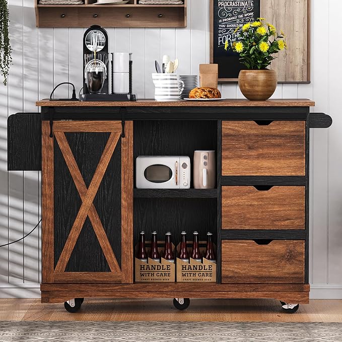RUNNA Farmhouse Kitchen Island with Drop Leaf, Kitchen Storage Island with Barn Door, Power Outlet,Rolling Kitchen Cart on Wheels with Spice Rack, for Home, Kitchen,Dining Room (Black_29)