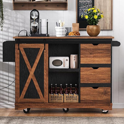 RUNNA Farmhouse Kitchen Island with Drop Leaf, Kitchen Storage Island with Barn Door, Power Outlet,Rolling Kitchen Cart on Wheels with Spice Rack, for Home, Kitchen,Dining Room (Black_29)