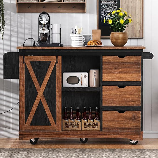 RUNNA Farmhouse Kitchen Island with Drop Leaf, Kitchen Storage Island with Barn Door, Power Outlet,Rolling Kitchen Cart on Wheels with Spice Rack, for Home, Kitchen,Dining Room (Black_29)
