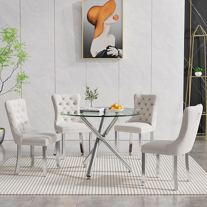 Glass Dining Table,36'' Round Dining Kitchen Table,Modern X-Design Dining Room Table with Silver Metal Base for Dining Room