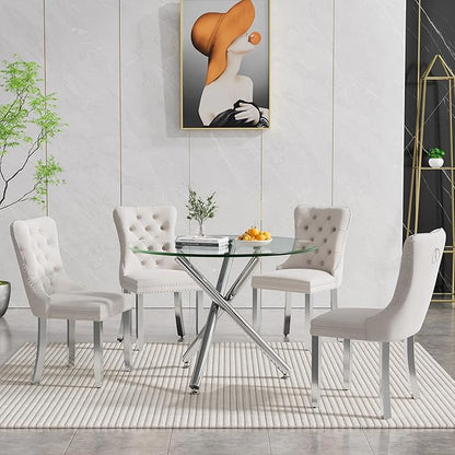 Glass Dining Table,36'' Round Dining Kitchen Table,Modern X-Design Dining Room Table with Silver Metal Base for Dining Room