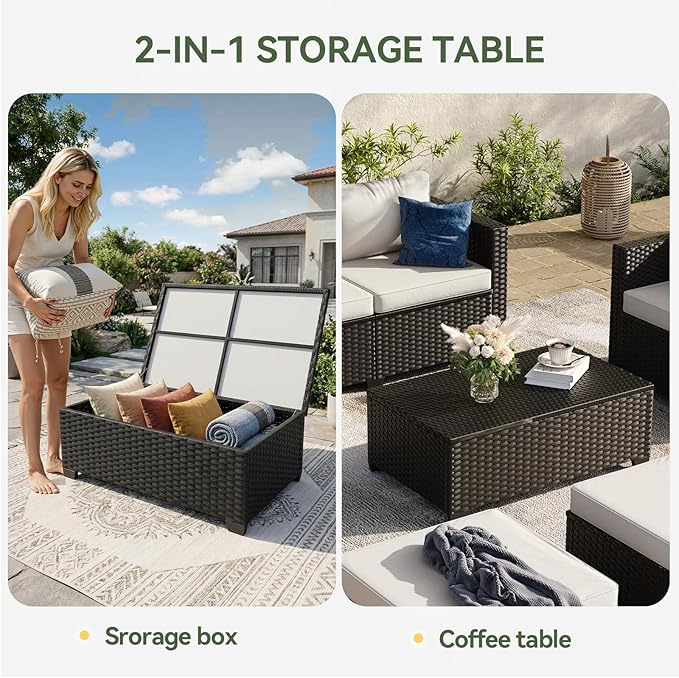 Aoxun 7 Piece Outdoor Patio Furniture Set 6 Seats, Outdoor Sectional with Thick Waterproof Cushions, Patio Conversation Sets for Garden,Backyard, Porch, Balcony, Deck, Black & Beige